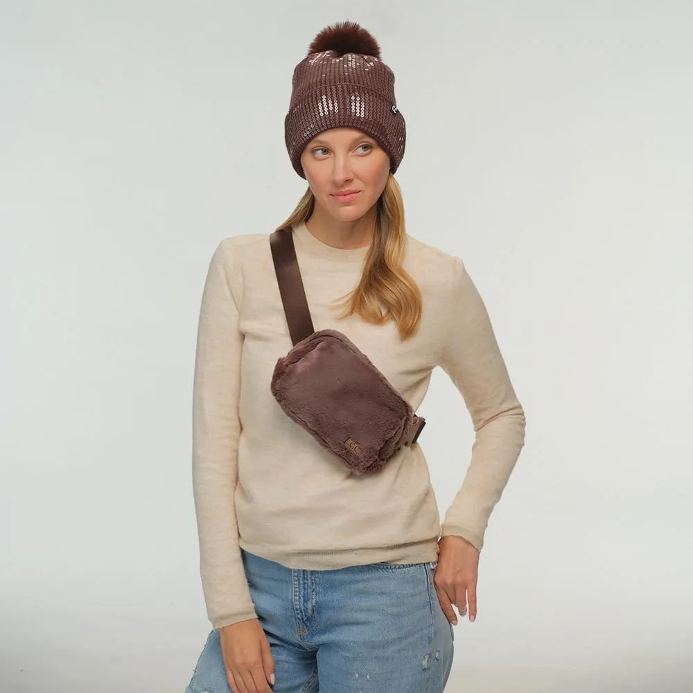 C.C Faux Fur Fanny Pack For Women Unisex - Fuzzy Daily Waist Crossbody Belt bag With Adjustable Strap (Mocha)