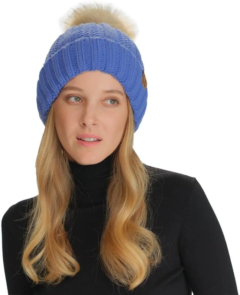 C.C Thick Cable Knit Faux Fuzzy Fur Pom Fleece Lined Skull Cap Cuff Beanie