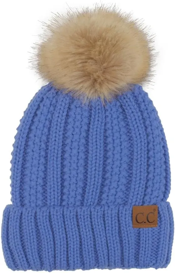 C.C Thick Cable Knit Faux Fuzzy Fur Pom Fleece Lined Skull Cap Cuff Beanie