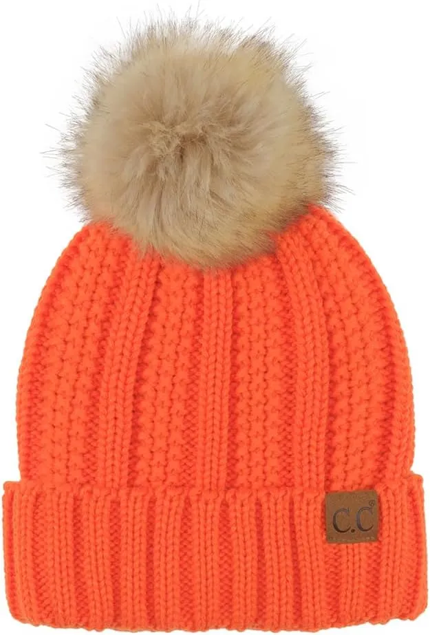C.C Thick Cable Knit Faux Fuzzy Fur Pom Fleece Lined Skull Cap Cuff Beanie