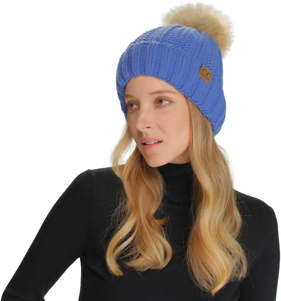 C.C Thick Cable Knit Faux Fuzzy Fur Pom Fleece Lined Skull Cap Cuff Beanie