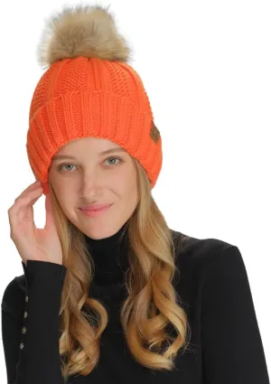 C.C Thick Cable Knit Faux Fuzzy Fur Pom Fleece Lined Skull Cap Cuff Beanie