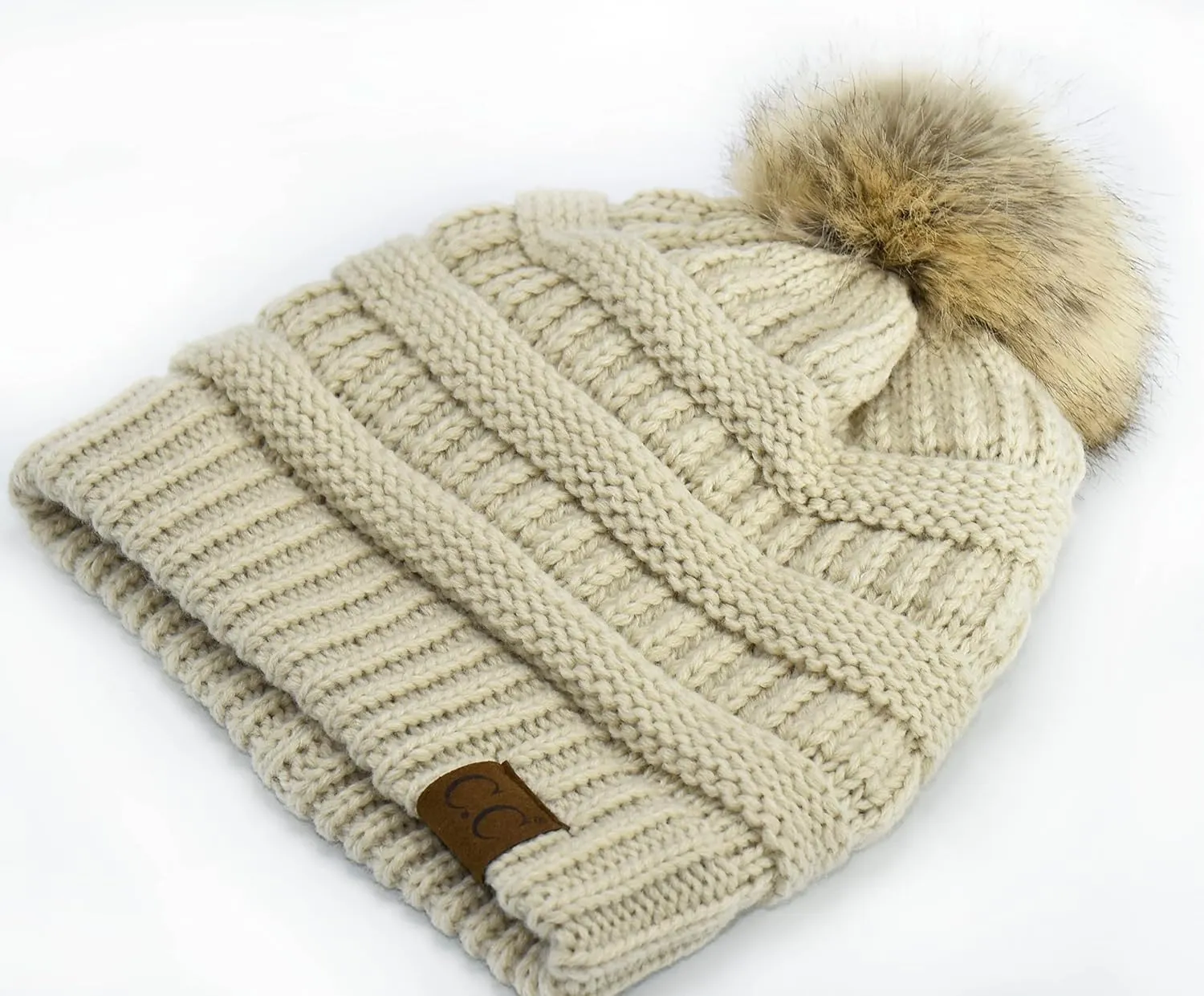 C.C Trendy Fuzzy Fleece Lined Warm Soft Stretch Cable Knit Ribbed Faux Fur Pom Skull Cap Cuff Beanie Hat