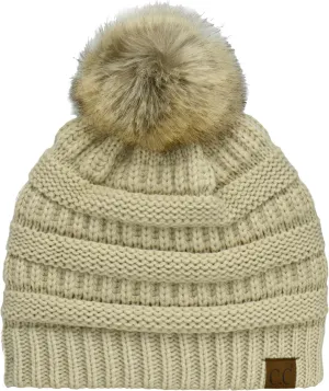 C.C Trendy Fuzzy Fleece Lined Warm Soft Stretch Cable Knit Ribbed Faux Fur Pom Skull Cap Cuff Beanie Hat