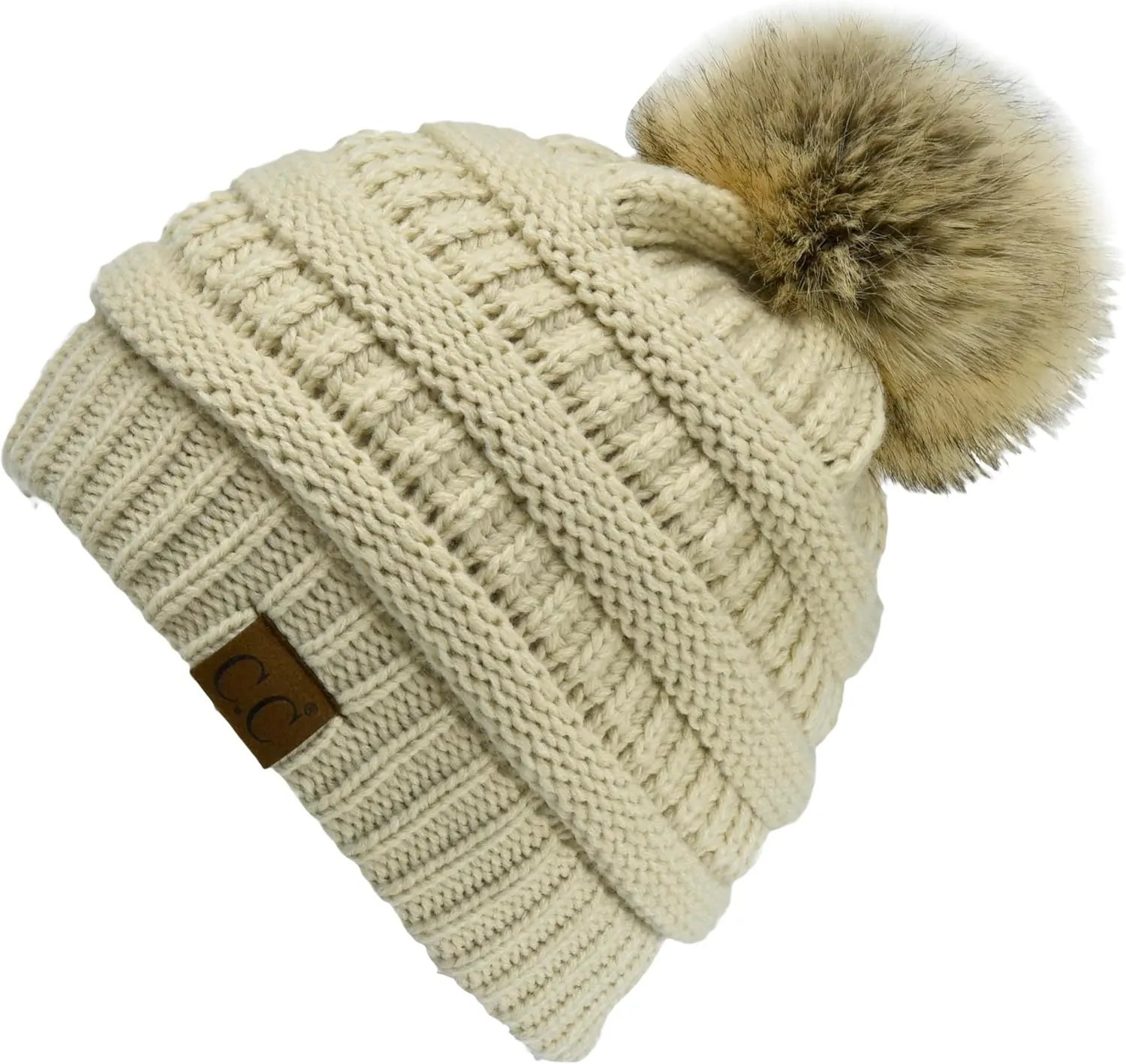 C.C Trendy Fuzzy Fleece Lined Warm Soft Stretch Cable Knit Ribbed Faux Fur Pom Skull Cap Cuff Beanie Hat