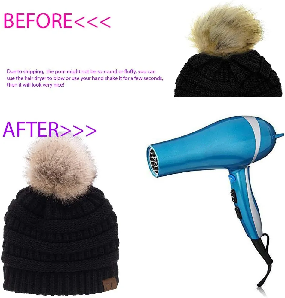 C.C Trendy Fuzzy Fleece Lined Warm Soft Stretch Cable Knit Ribbed Faux Fur Pom Skull Cap Cuff Beanie Hat