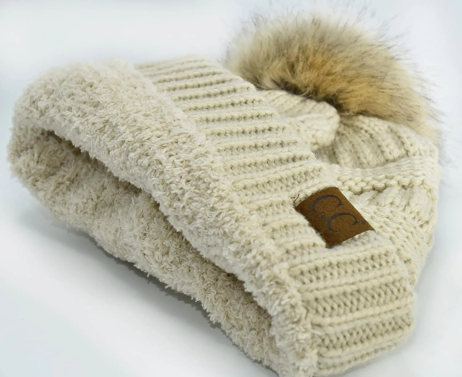 C.C Trendy Fuzzy Fleece Lined Warm Soft Stretch Cable Knit Ribbed Faux Fur Pom Skull Cap Cuff Beanie Hat