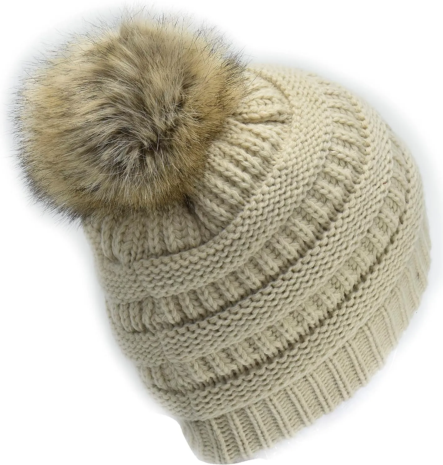 C.C Trendy Fuzzy Fleece Lined Warm Soft Stretch Cable Knit Ribbed Faux Fur Pom Skull Cap Cuff Beanie Hat