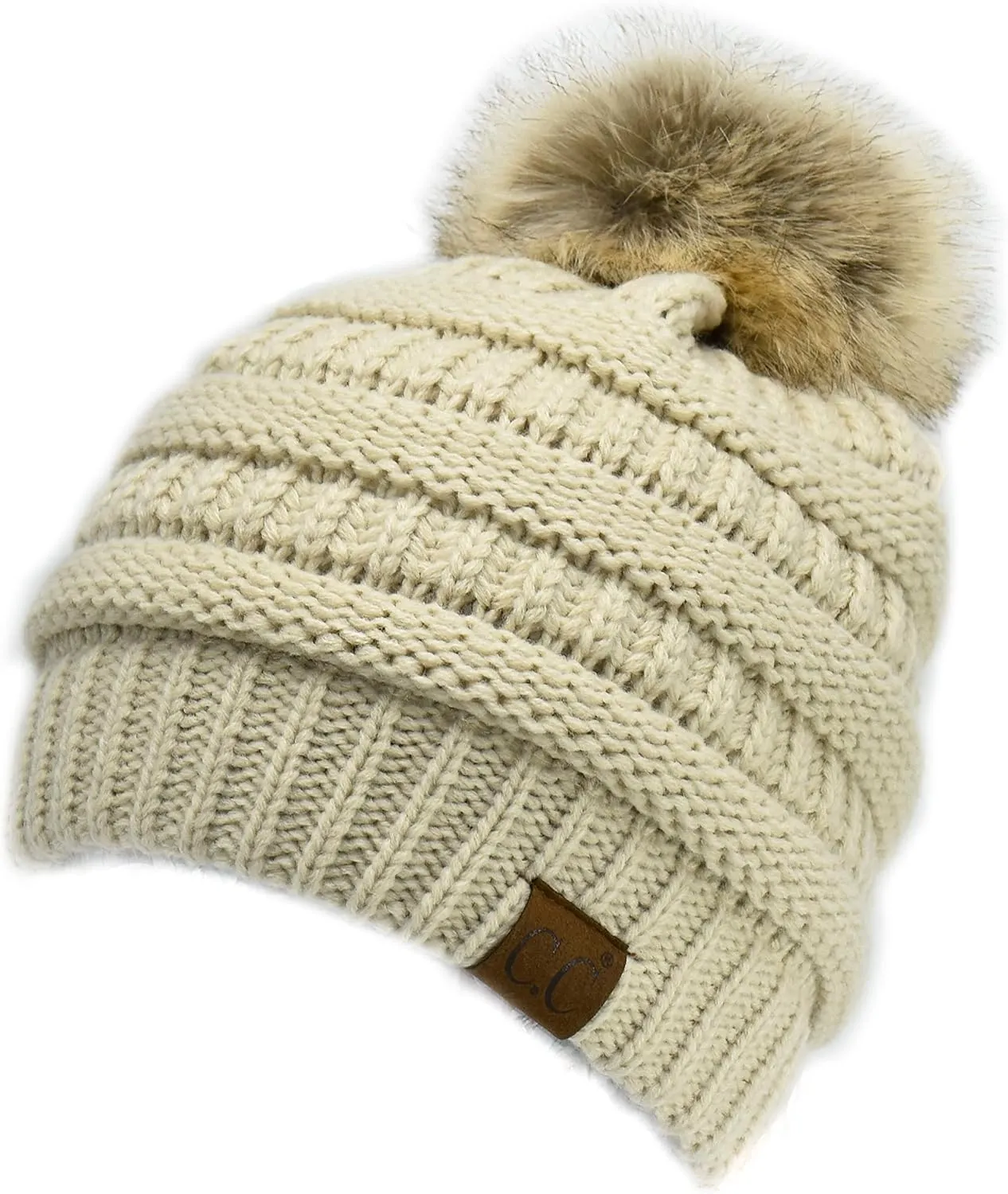 C.C Trendy Fuzzy Fleece Lined Warm Soft Stretch Cable Knit Ribbed Faux Fur Pom Skull Cap Cuff Beanie Hat