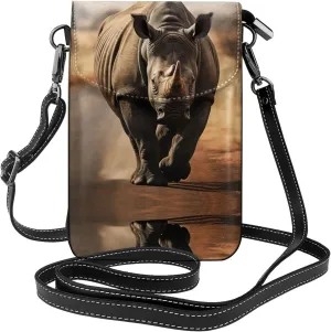 Cell Phone Purse Wildlife Black Rhinoceros Printed Leather Small Crossbody Bags Lightweight Mini Shoulder Bag