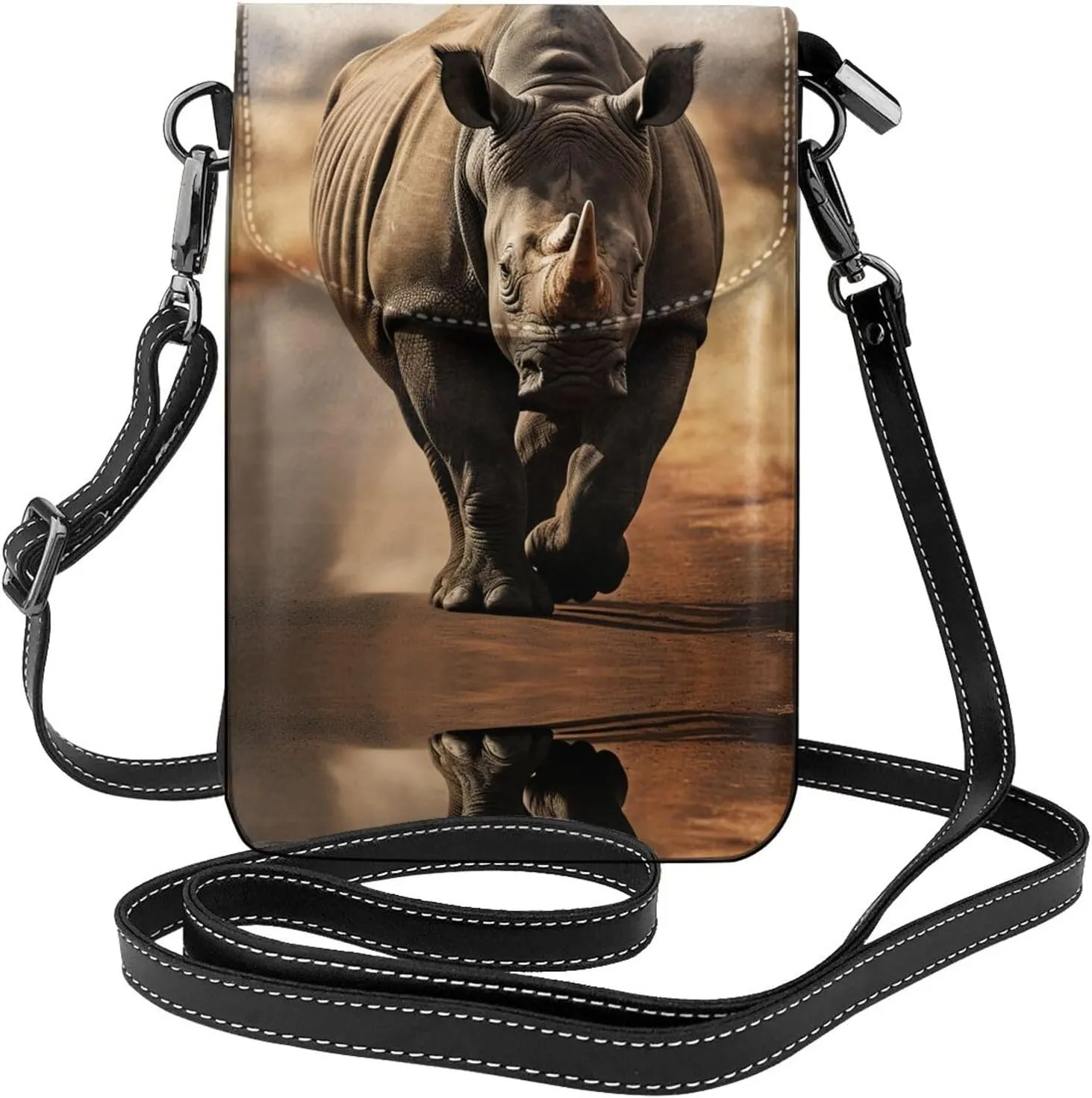 Cell Phone Purse Wildlife Black Rhinoceros Printed Leather Small Crossbody Bags Lightweight Mini Shoulder Bag