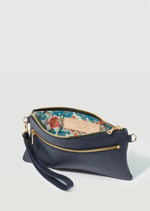 CHARLIE MIDDLETON Navy Nappa Mini Dual Zip Crossbody Bag - Gold
