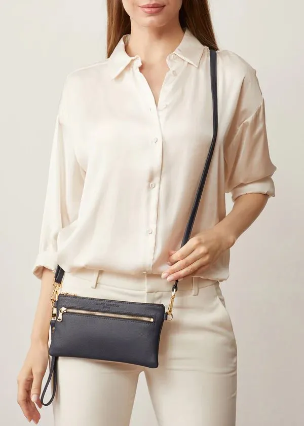 CHARLIE MIDDLETON Navy Nappa Mini Dual Zip Crossbody Bag - Gold