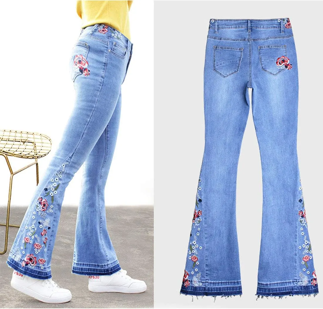 CHARTOU Womens Chic Floral Embroidered High-Rise Bell Bottom Flare Jeans Broad Feet Long Denim Pants
