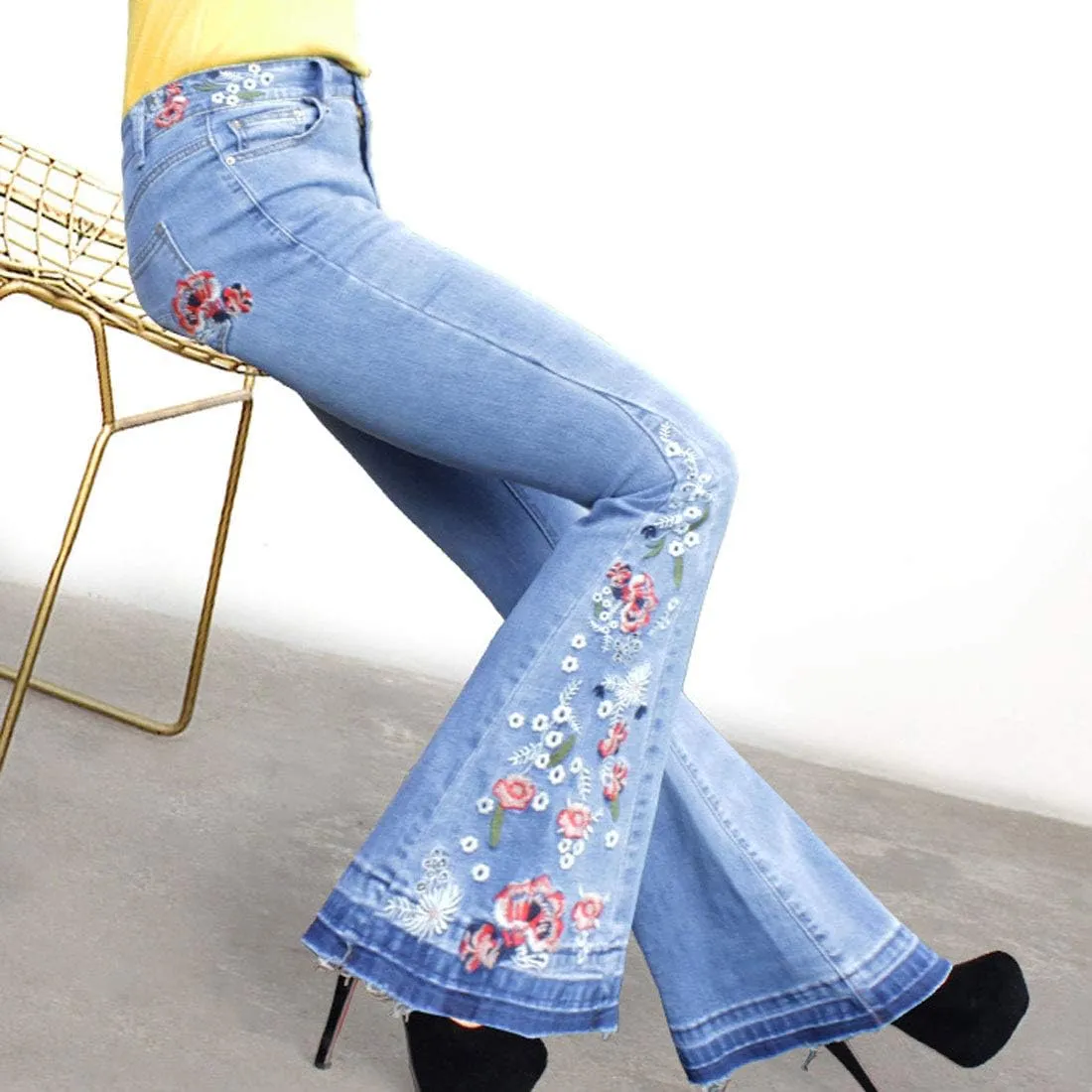 CHARTOU Womens Chic Floral Embroidered High-Rise Bell Bottom Flare Jeans Broad Feet Long Denim Pants