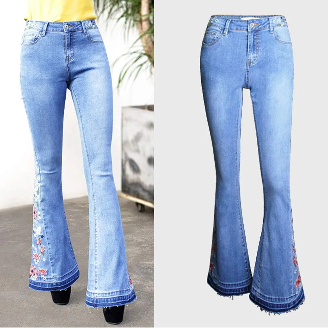 CHARTOU Womens Chic Floral Embroidered High-Rise Bell Bottom Flare Jeans Broad Feet Long Denim Pants