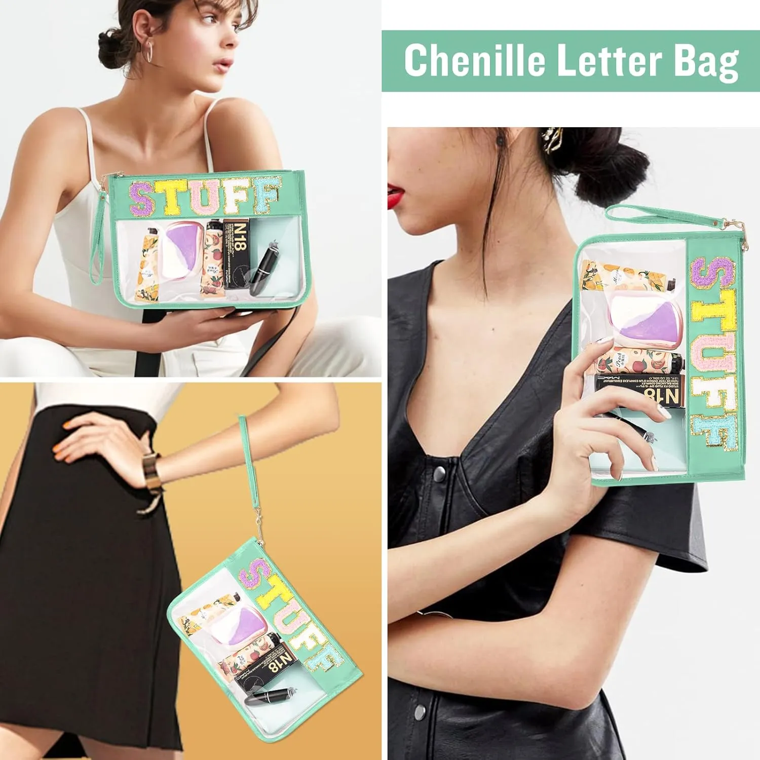 Chenille Letter Clear Bag Stuff Purse, Monogram PVC & PU Clear Zipper Pouch with Wristlet, Waterproof Portable Glitter Snacks Makeup Beach Toiletry Bag for Women Girls (STUFF-Green)