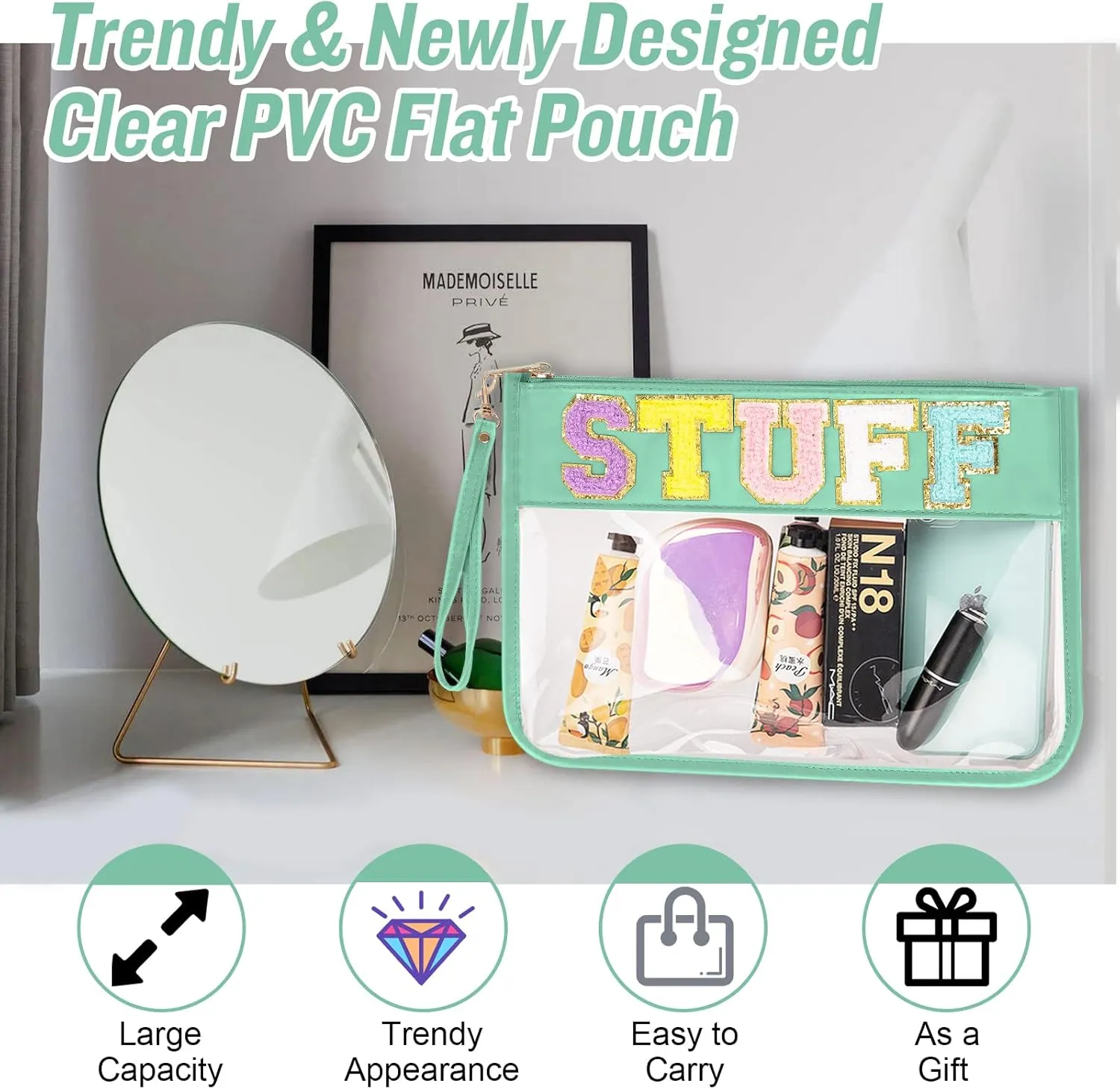 Chenille Letter Clear Bag Stuff Purse, Monogram PVC & PU Clear Zipper Pouch with Wristlet, Waterproof Portable Glitter Snacks Makeup Beach Toiletry Bag for Women Girls (STUFF-Green)