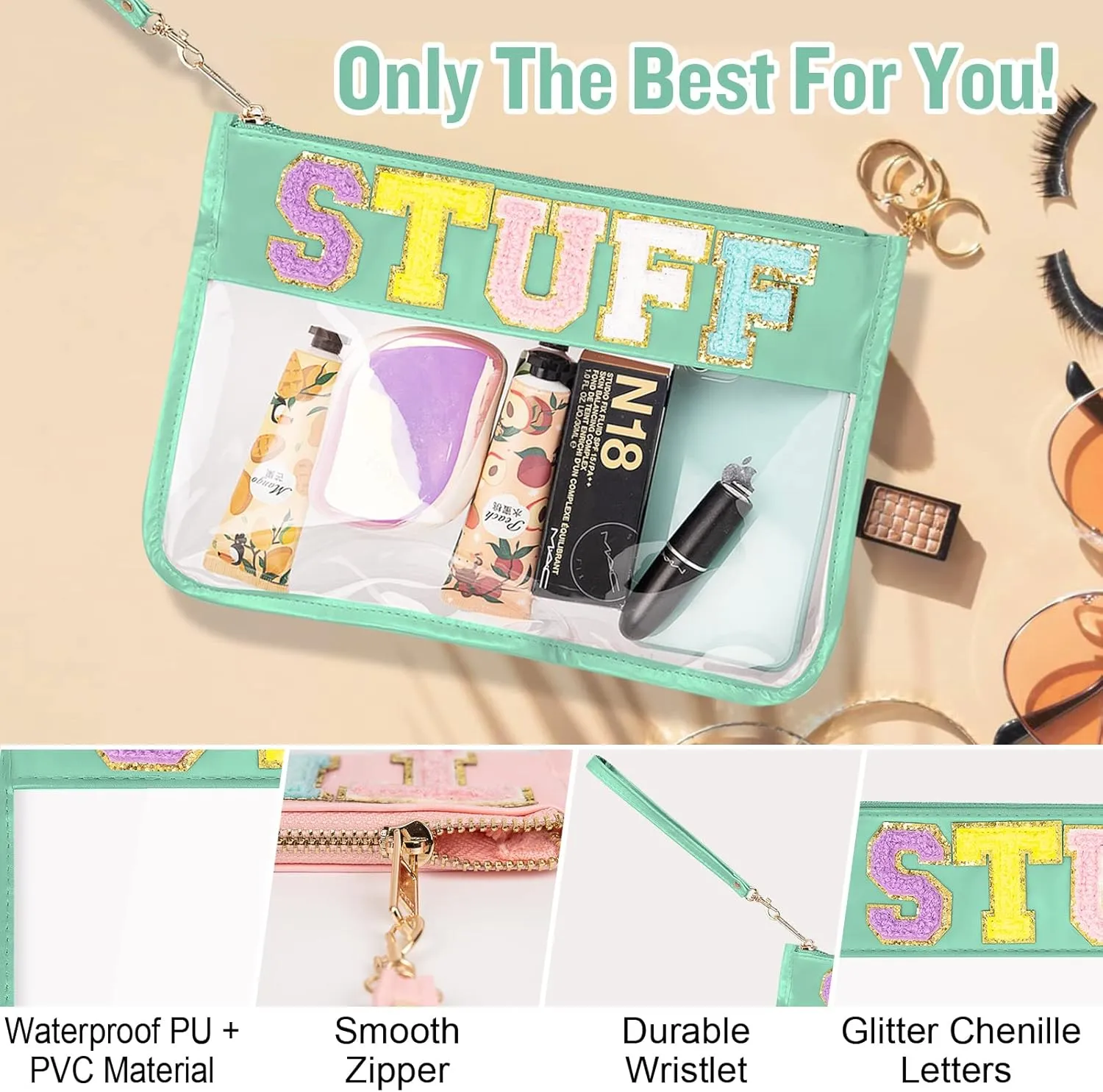 Chenille Letter Clear Bag Stuff Purse, Monogram PVC & PU Clear Zipper Pouch with Wristlet, Waterproof Portable Glitter Snacks Makeup Beach Toiletry Bag for Women Girls (STUFF-Green)