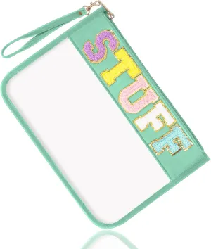Chenille Letter Clear Bag Stuff Purse, Monogram PVC & PU Clear Zipper Pouch with Wristlet, Waterproof Portable Glitter Snacks Makeup Beach Toiletry Bag for Women Girls (STUFF-Green)
