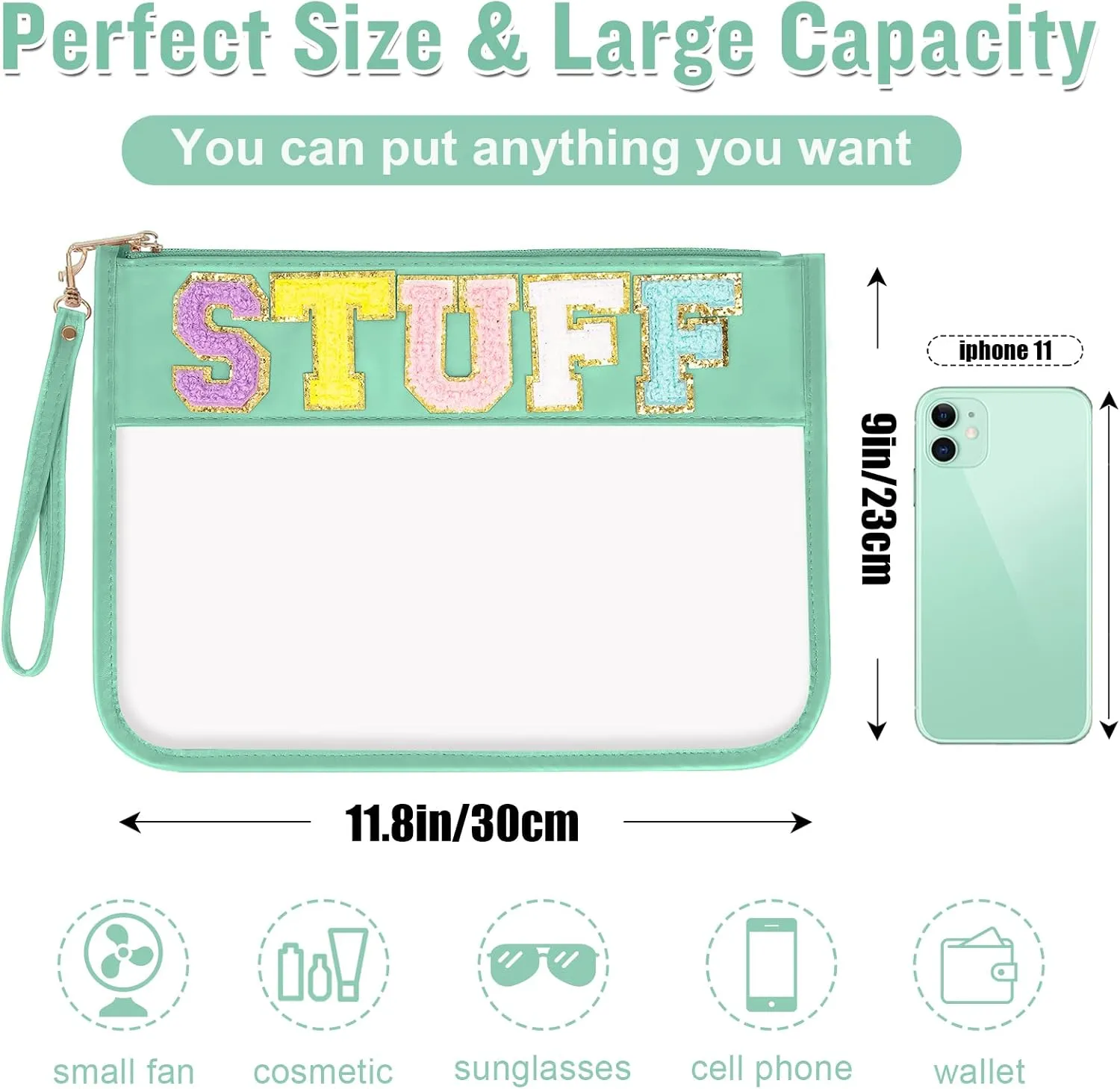 Chenille Letter Clear Bag Stuff Purse, Monogram PVC & PU Clear Zipper Pouch with Wristlet, Waterproof Portable Glitter Snacks Makeup Beach Toiletry Bag for Women Girls (STUFF-Green)