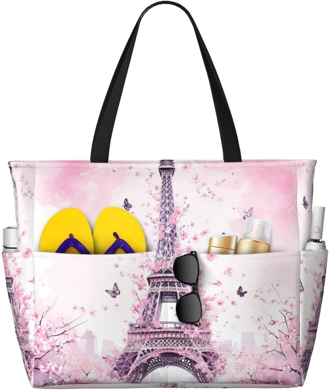 Cherry-surrounded tower Print 28L Large Beach Tote Bag, 7 Pockets Waterproof Travel Shoulder Bag, Gym Oversized Tote