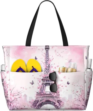 Cherry-surrounded tower Print 28L Large Beach Tote Bag, 7 Pockets Waterproof Travel Shoulder Bag, Gym Oversized Tote