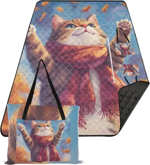 CHIFIGNO Autumn Cat Cozy Scarf Beach Blanket Waterproof Sandproof Cute Picnic Essentials Foldable Outdoor Blanket Camping Mat 80" x 60"