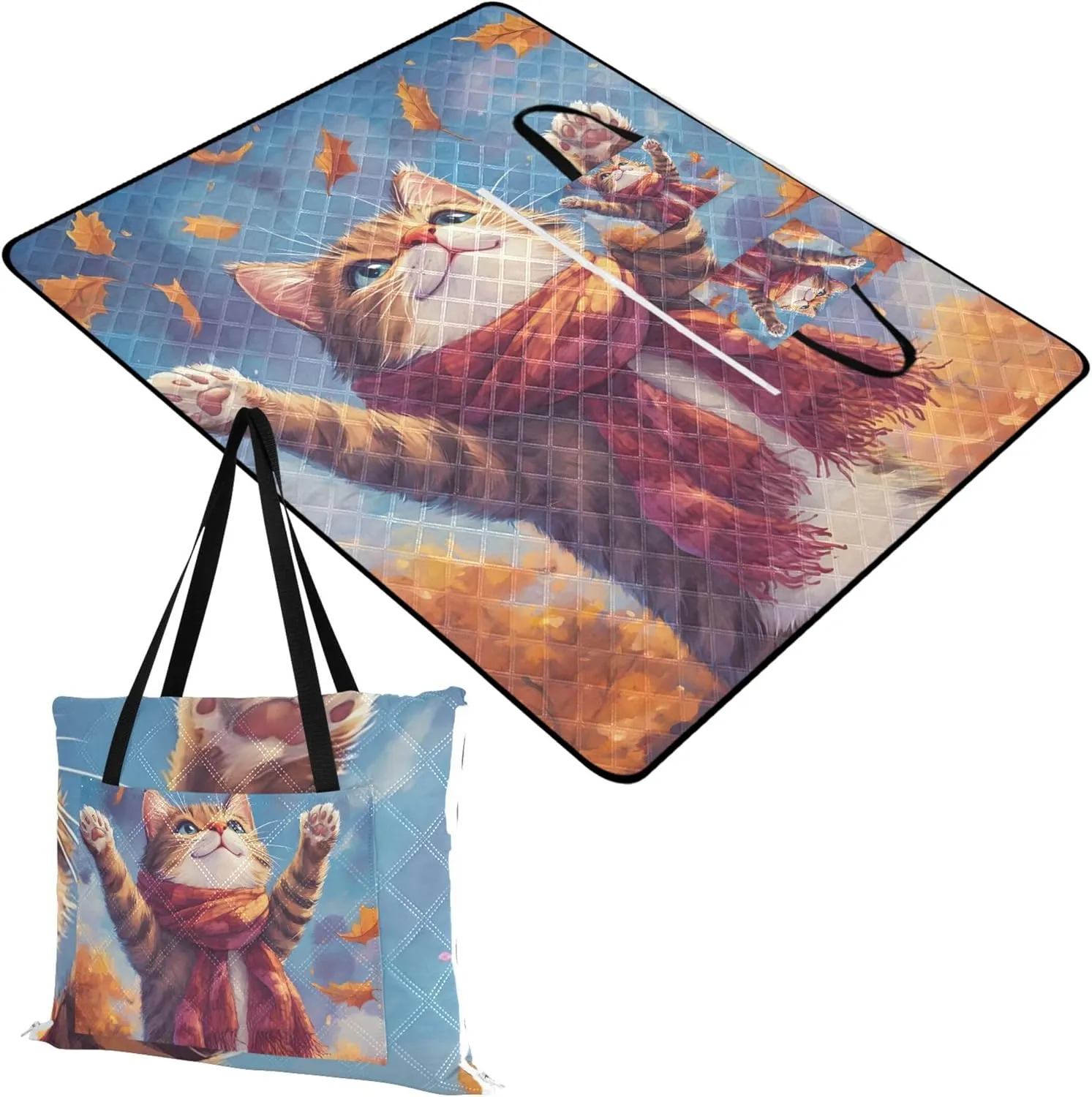 CHIFIGNO Autumn Cat Cozy Scarf Beach Blanket Waterproof Sandproof Cute Picnic Essentials Foldable Outdoor Blanket Camping Mat 80" x 60"