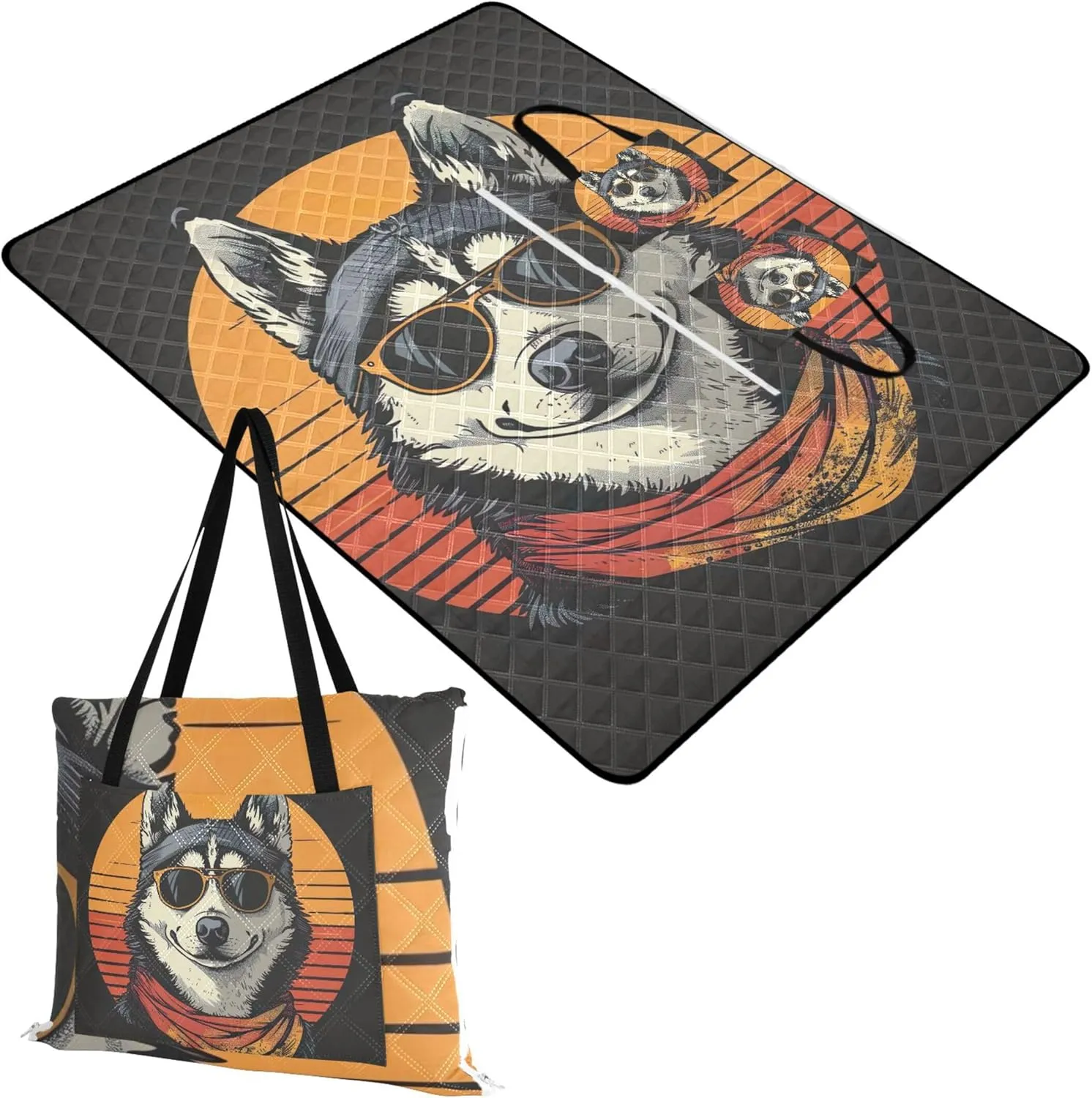 CHIFIGNO Cool Siberian Husky Dog Beach Mat Waterproof Sandproof Picnic Supplies Foldable Mat Lawn Blanket for Grass Mat 80" x 60"