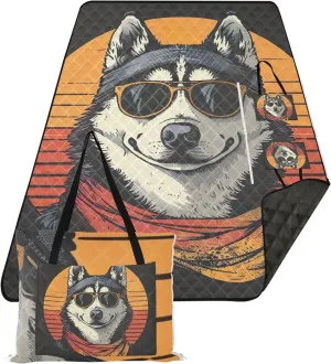 CHIFIGNO Cool Siberian Husky Dog Beach Mat Waterproof Sandproof Picnic Supplies Foldable Mat Lawn Blanket for Grass Mat 80" x 60"