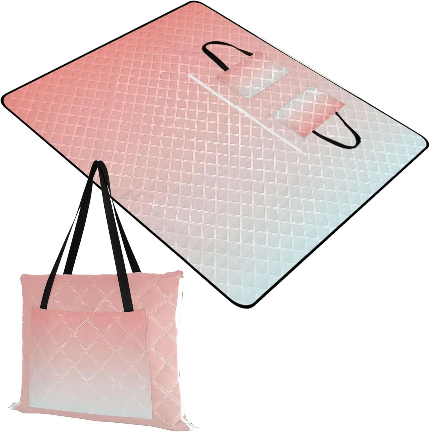 CHIFIGNO Coral Pink Light Cyan Gradient Cute Picnic Blankets Foldable Waterproof Beach Blanket Sand Proof Outdoor Blanket Camping Mat 80" x 60"