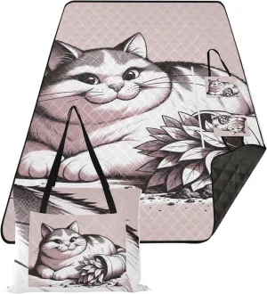 CHIFIGNO Cute Cat Mischief Pink Cute Picnic Mat Foldable Sand Proof Beach Blanket Waterproof Lawn Blanket for Grass Mat 80" x 60"