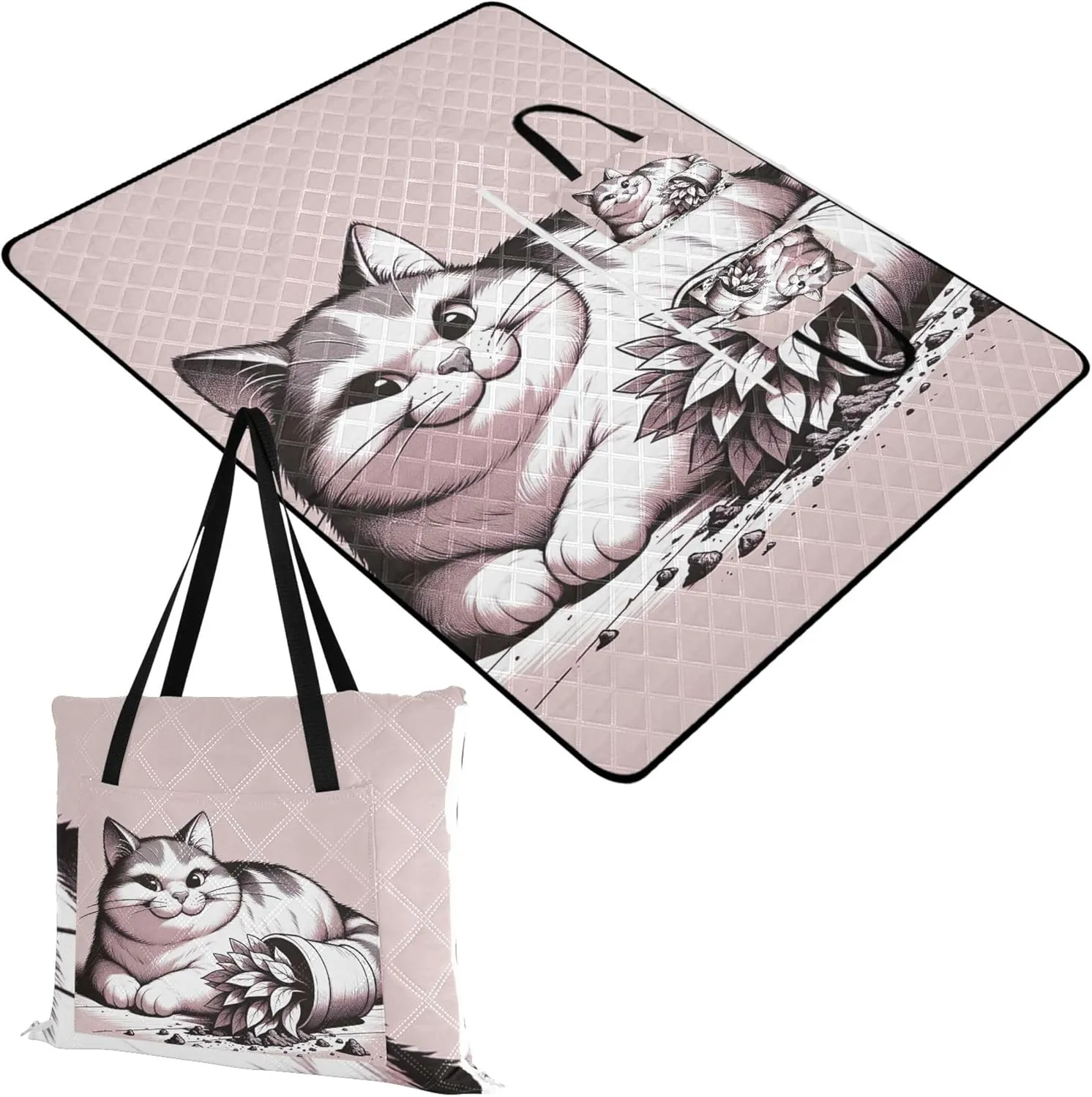 CHIFIGNO Cute Cat Mischief Pink Cute Picnic Mat Foldable Sand Proof Beach Blanket Waterproof Lawn Blanket for Grass Mat 80" x 60"