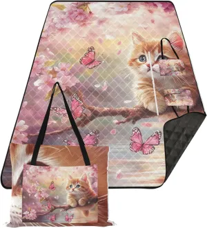 CHIFIGNO Cute Cat Pink Cherry Bloom Beach Blanket Sandproof Waterproof Outdoor Play Mat for Grass Cute Picnic Blankets Foldable 80" x 60"