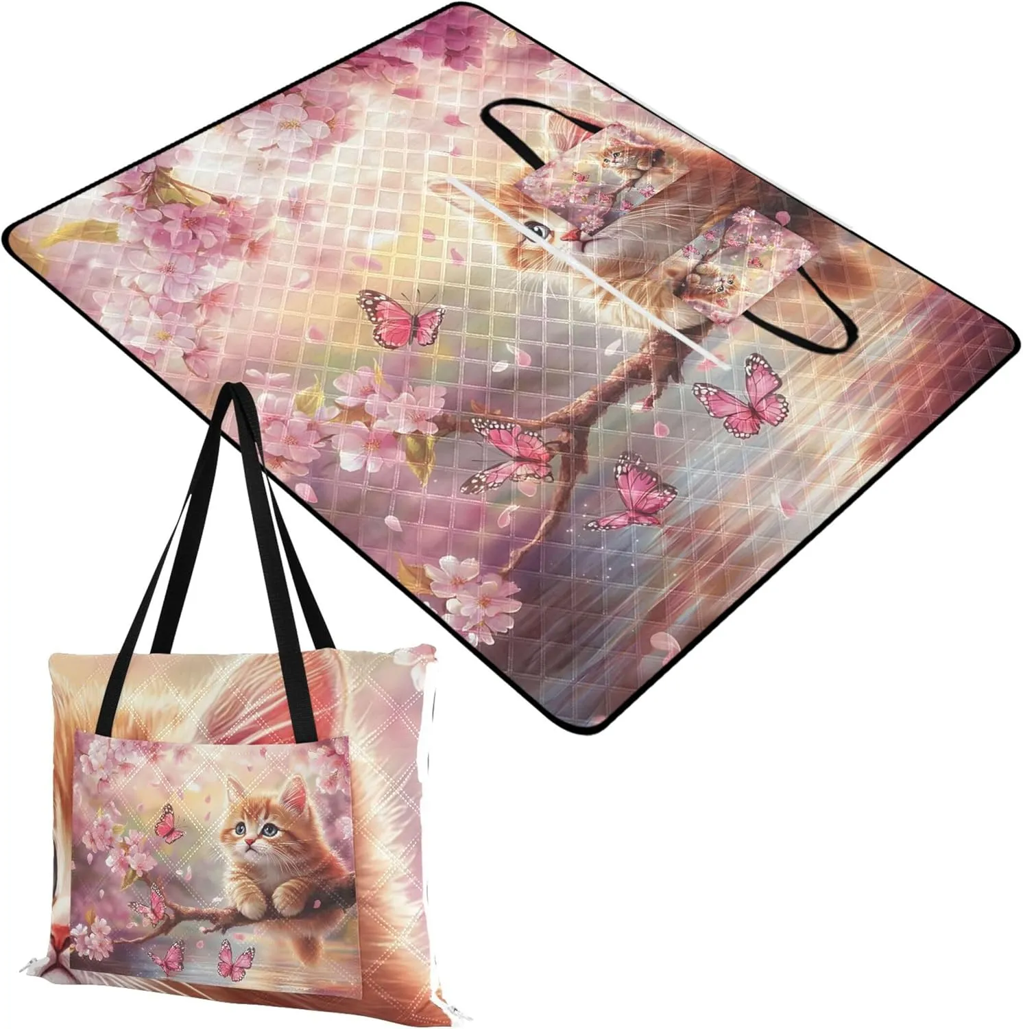 CHIFIGNO Cute Cat Pink Cherry Bloom Beach Blanket Sandproof Waterproof Outdoor Play Mat for Grass Cute Picnic Blankets Foldable 80" x 60"