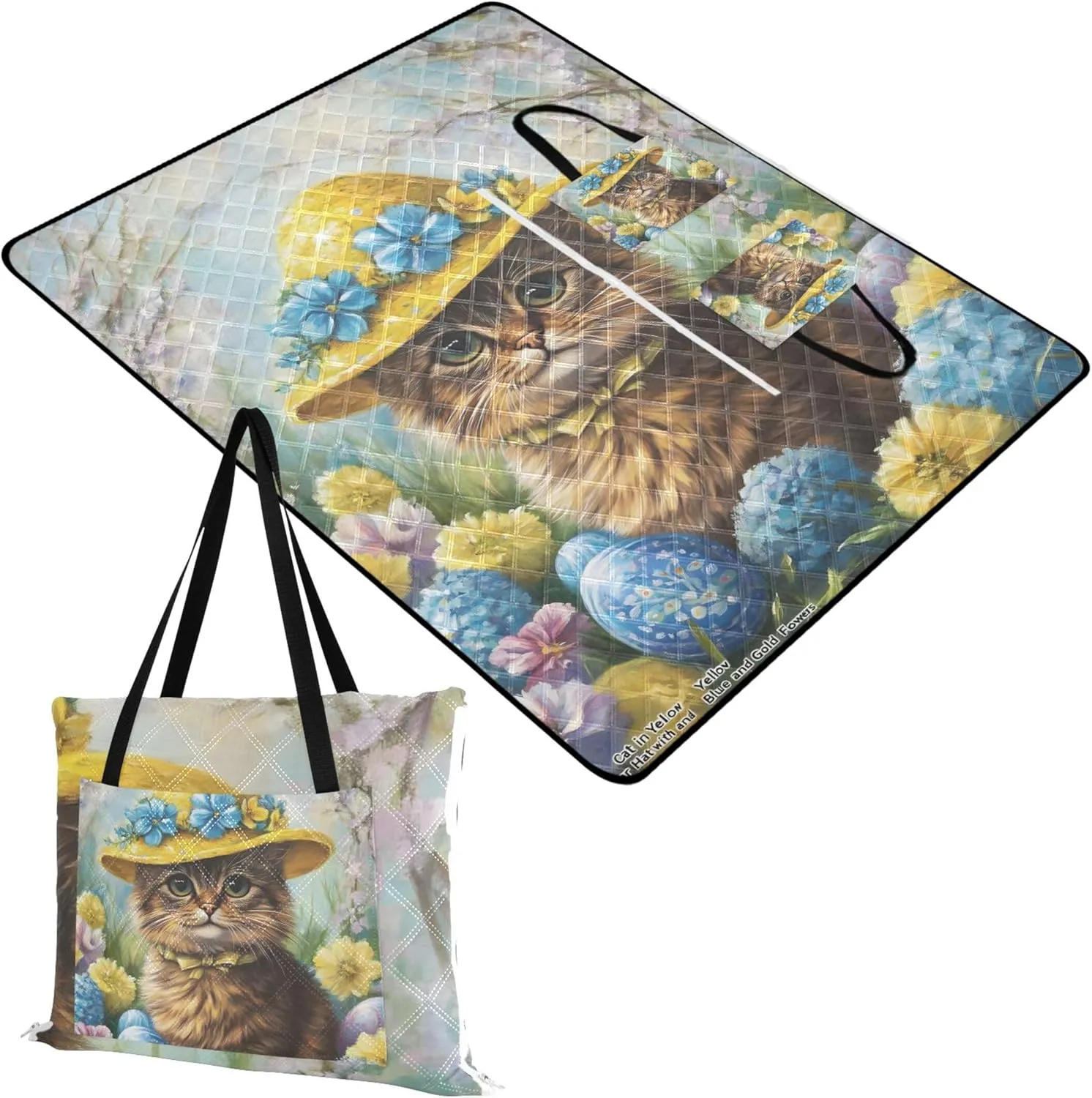 CHIFIGNO Cute Easter Cat Yellow Hat Beach Mat Waterproof Sandproof Floral Camp Blanket for Grass Picnic Accessories Foldable 80" x 60"