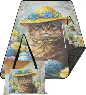 CHIFIGNO Cute Easter Cat Yellow Hat Beach Mat Waterproof Sandproof Floral Camp Blanket for Grass Picnic Accessories Foldable 80" x 60"