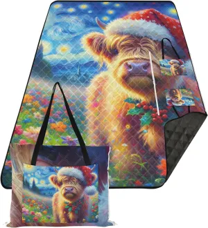 CHIFIGNO Cute Highland Christmas Flowers Oversized Beach Blanket Waterproof Outdoor Play Mat for Grass Foldable Mat Picnic Blanket 80" x 60"