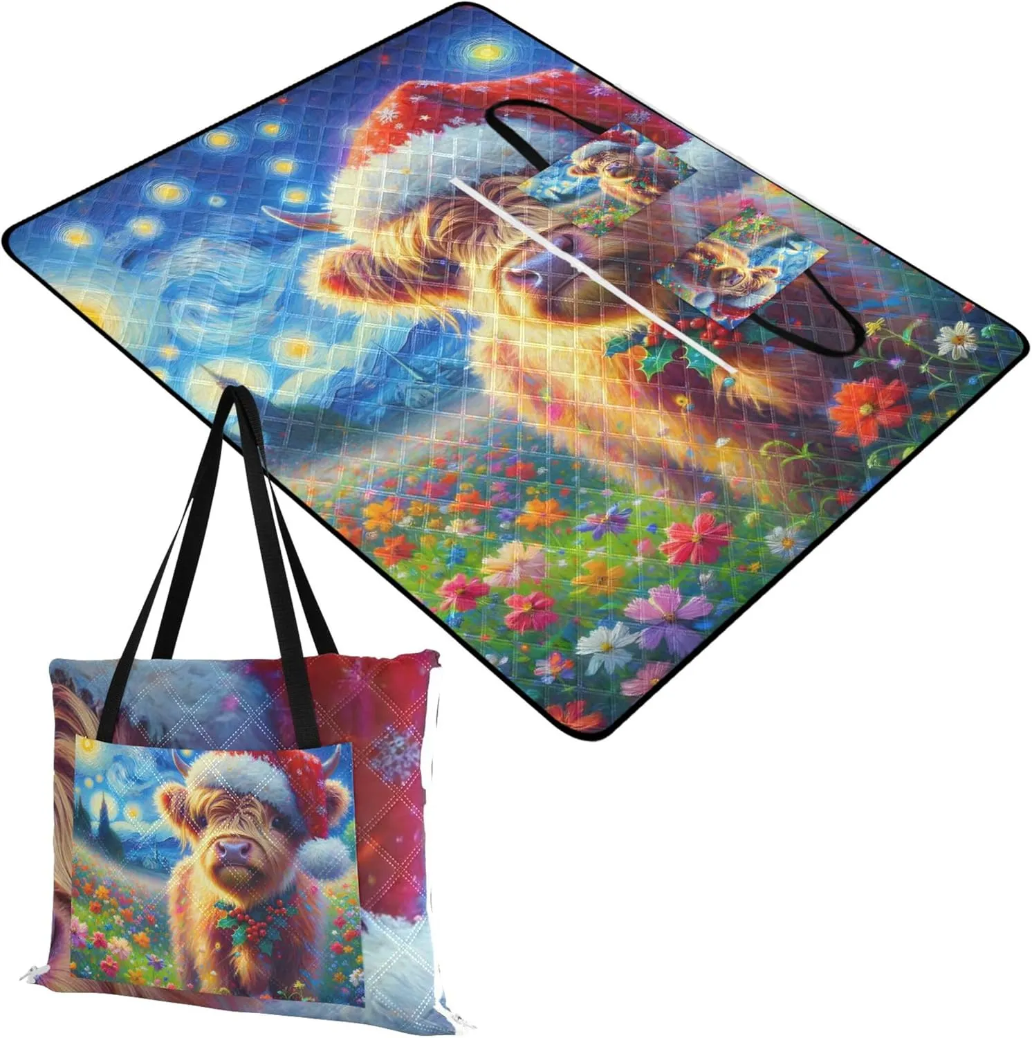 CHIFIGNO Cute Highland Christmas Flowers Oversized Beach Blanket Waterproof Outdoor Play Mat for Grass Foldable Mat Picnic Blanket 80" x 60"