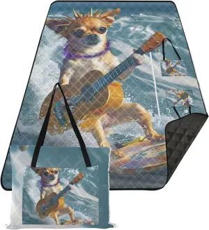 CHIFIGNO Cute Surfing Dog Guitar Foldable Picnic Mat Cute Sand Proof Beach Blanket Waterproof Print Kids Camping Mat for Grass 80" x 60"