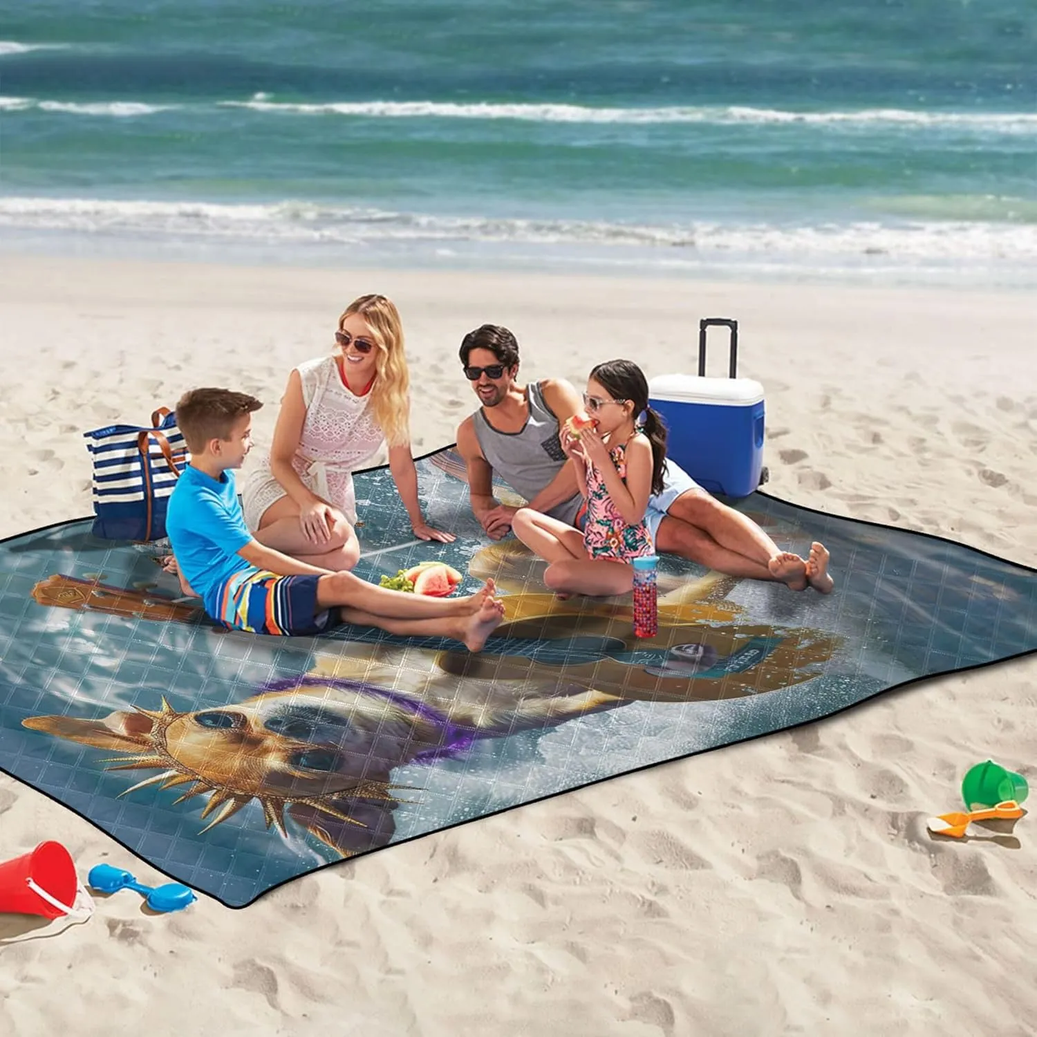 CHIFIGNO Cute Surfing Dog Guitar Foldable Picnic Mat Cute Sand Proof Beach Blanket Waterproof Print Kids Camping Mat for Grass 80" x 60"