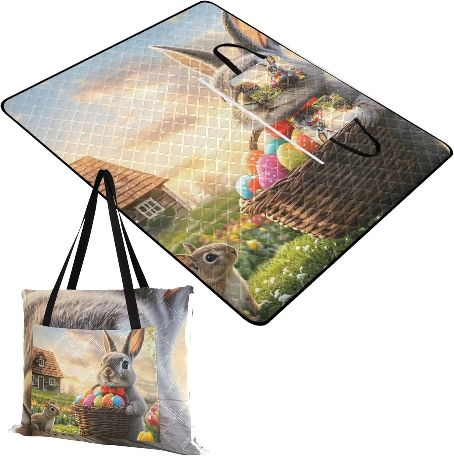 CHIFIGNO Easter Bunny Basket Tulips Cottage Waterproof Beach Blanket Sand Proof, Outdoor Play Mat for Grass Foldable Mat Picnic Blanket, 80" x 60"