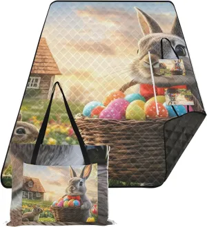 CHIFIGNO Easter Bunny Basket Tulips Cottage Waterproof Beach Blanket Sand Proof, Outdoor Play Mat for Grass Foldable Mat Picnic Blanket, 80" x 60"