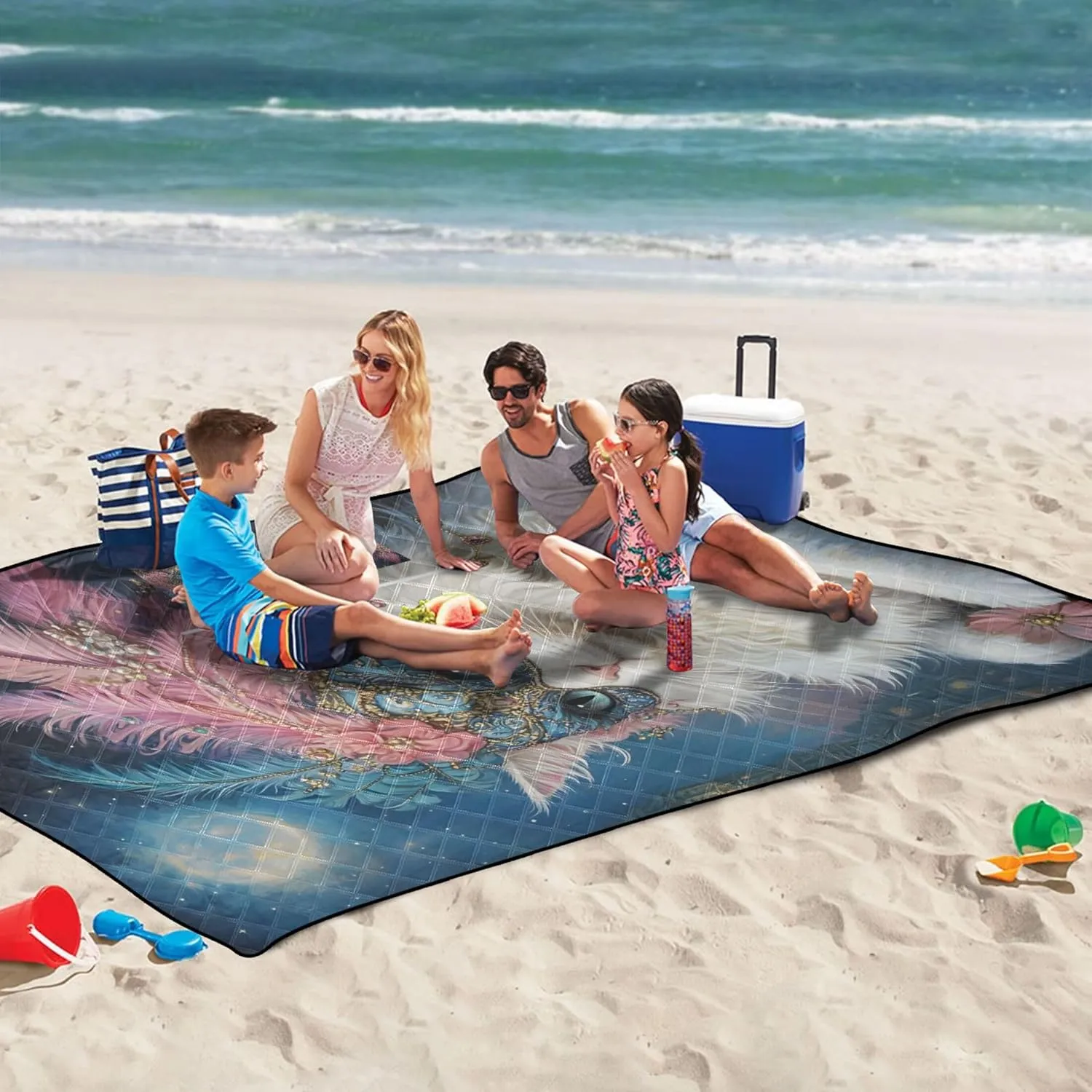 CHIFIGNO Elegant White Cat Masquerade Feathers Beach Blanket Waterproof Sandproof, Lawn Blanket for Grass Mat Cute Picnic Blanket Mat Foldable, 80" x 60"
