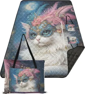 CHIFIGNO Elegant White Cat Masquerade Feathers Beach Blanket Waterproof Sandproof, Lawn Blanket for Grass Mat Cute Picnic Blanket Mat Foldable, 80" x 60"