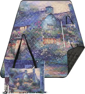 CHIFIGNO Fairyland Painting Cottage Waterproof Beach Blanket Sandproof Floral Grass Mats for Camping Foldable Picnic Blanket Cute 80" x 60"
