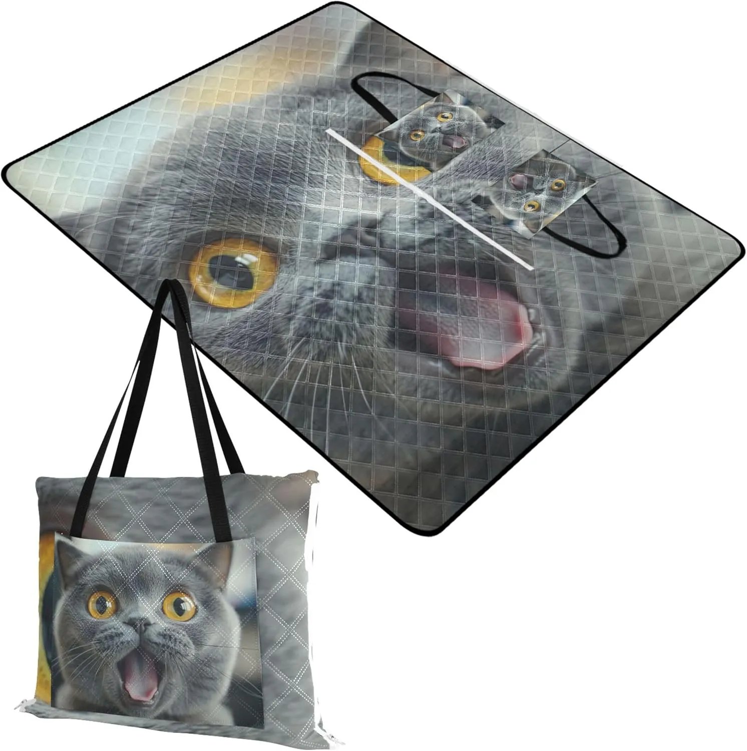 CHIFIGNO Funny Surprised Gray Cat Beach Mat Sand Free Waterproof, Outdoor Playmat Camping Blanket Foldable Mat Picnic Blanket, 80" x 60"