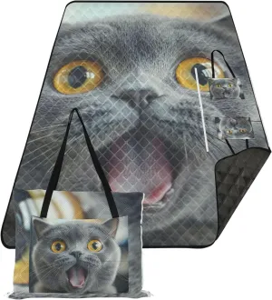CHIFIGNO Funny Surprised Gray Cat Beach Mat Sand Free Waterproof, Outdoor Playmat Camping Blanket Foldable Mat Picnic Blanket, 80" x 60"