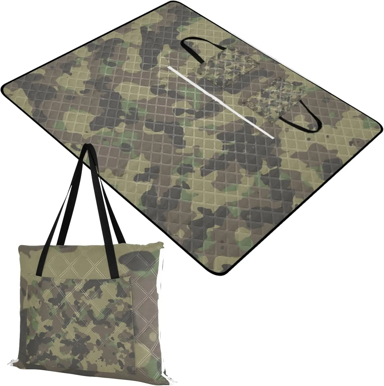 CHIFIGNO Green Camouflage Grey Waterproof Beach Blanket Sand Proof Picnic Accessories Foldable Outdoor Camping Grass Mat 80" x 60"